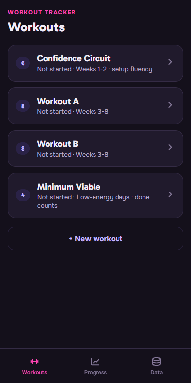 Workout Tracker home screen