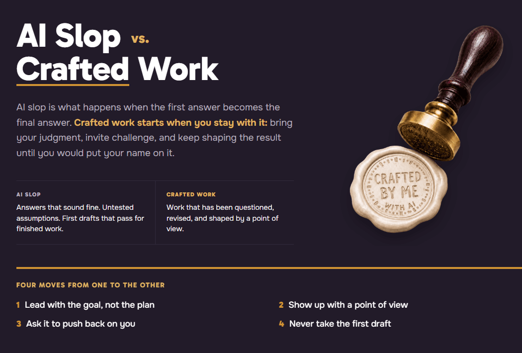 The AI Slop vs. Crafted Work title beside a wax seal reading Crafted by me, with AI