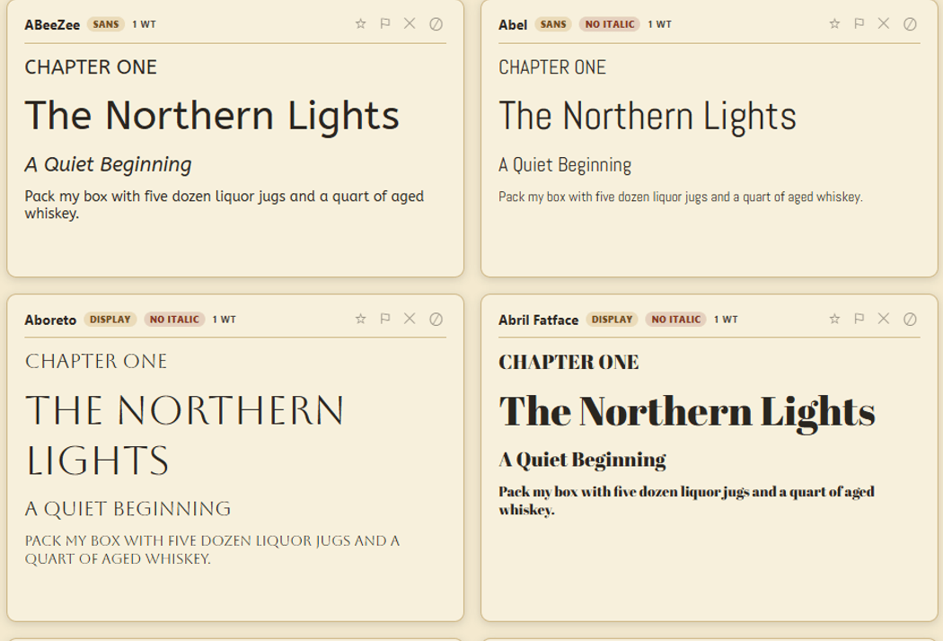 Font specimens compared side by side in Fontastic Find