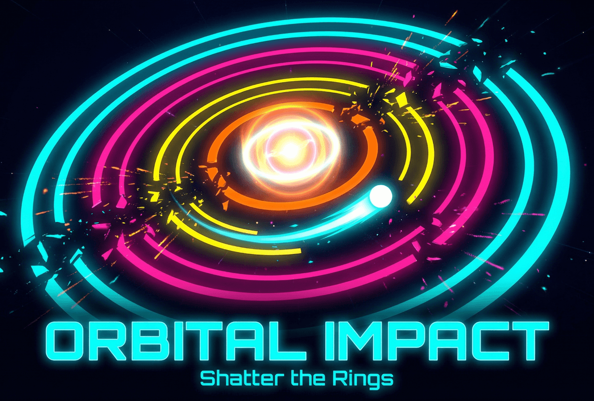 Orbital Impact key art: neon rings shattering around a bright core