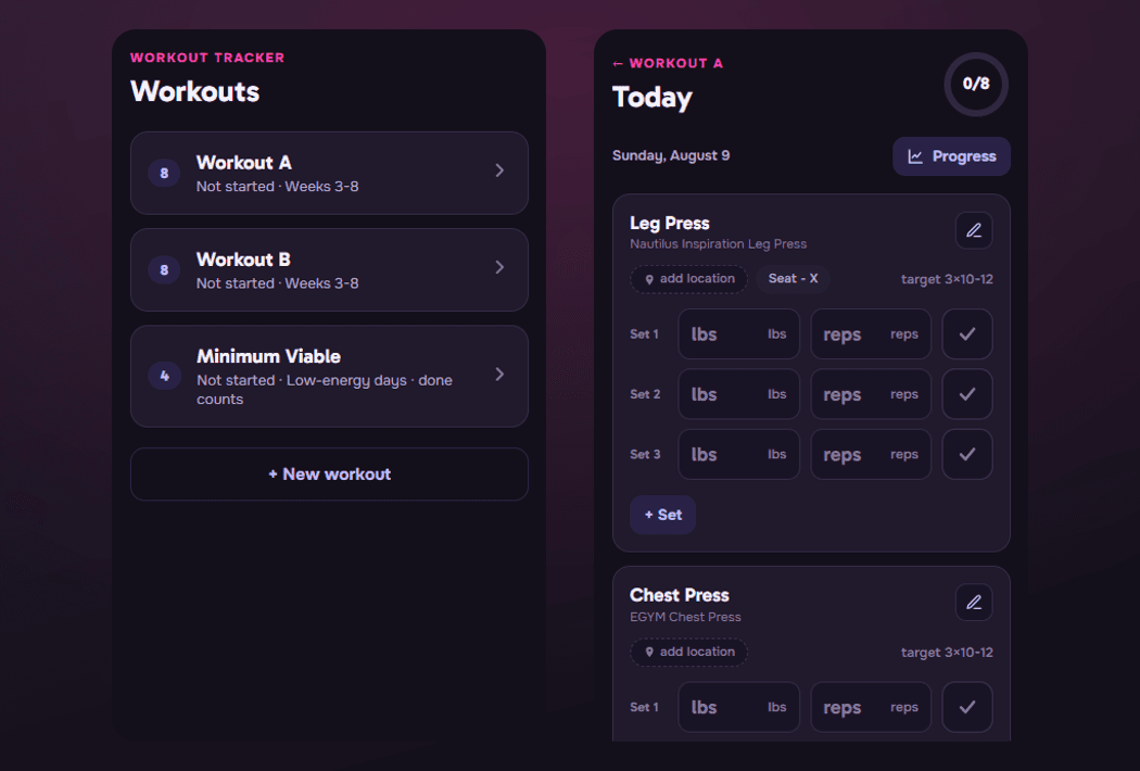 Workout Tracker: the workout list beside a session in progress