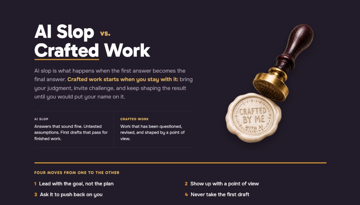 The redesigned AI Slop vs. Crafted Work hero with the Crafted by me, with AI seal.
