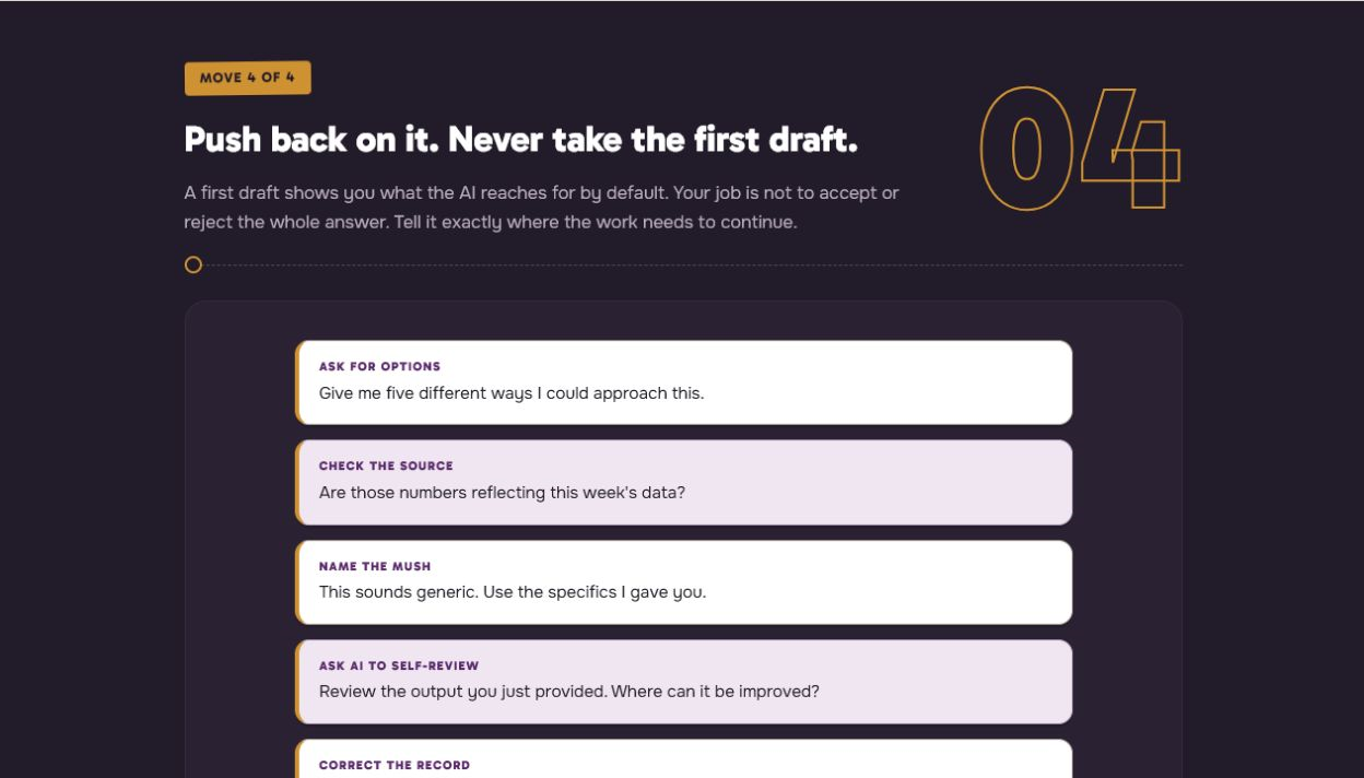 The finished Move 4: five specific sentences a person can say to keep shaping an AI answer.